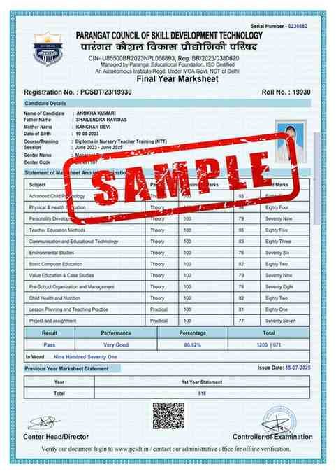 NTT 2nd Year Marksheet Nursery Teacher Training Certificate